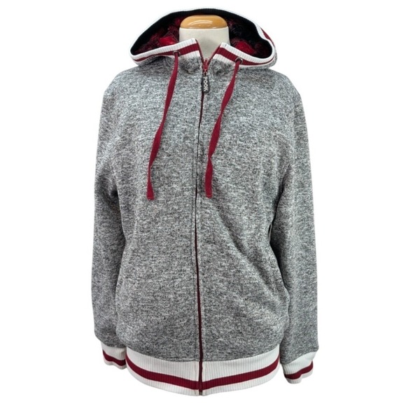 Pook Reversible Hoodie Jacket Zip Up Faux Fur Thumb Holes Gray Red  Sz Small New - Picture 1 of 16